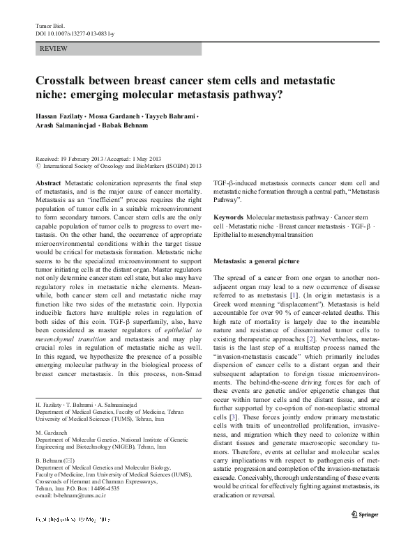 (PDF) Crosstalk between breast cancer stem cells and metastatic niche ...