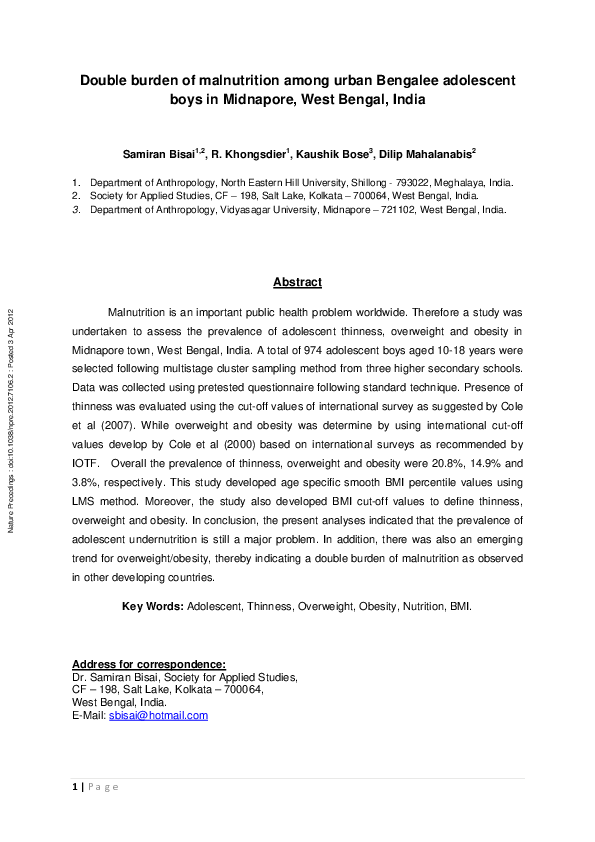 (PDF) Double burden of malnutrition among urban Bengalee adolescent ...