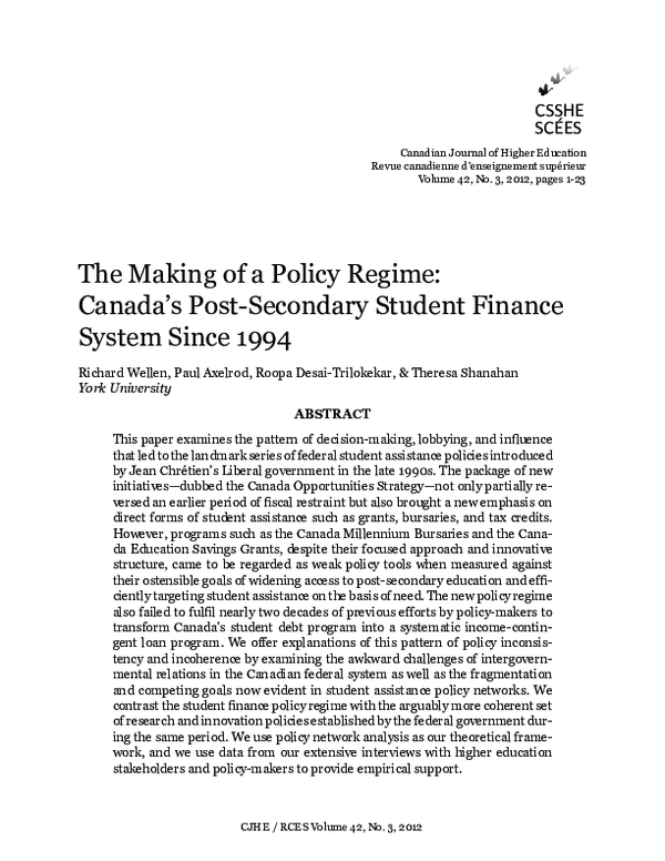 The Making of a Policy Regime: Canada’s Post-Secondary Student Finance ...