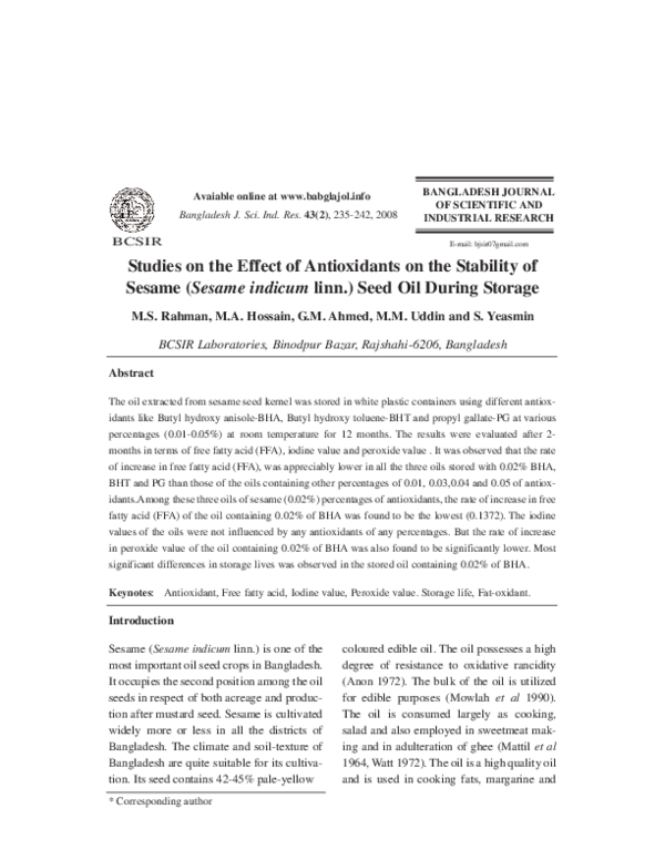 (PDF) Studies on the Effect of Antioxidants on the Stability of Sesame ...