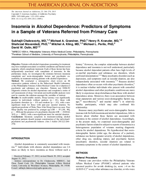 (PDF) Insomnia in alcohol dependence: predictors of symptoms in a ...
