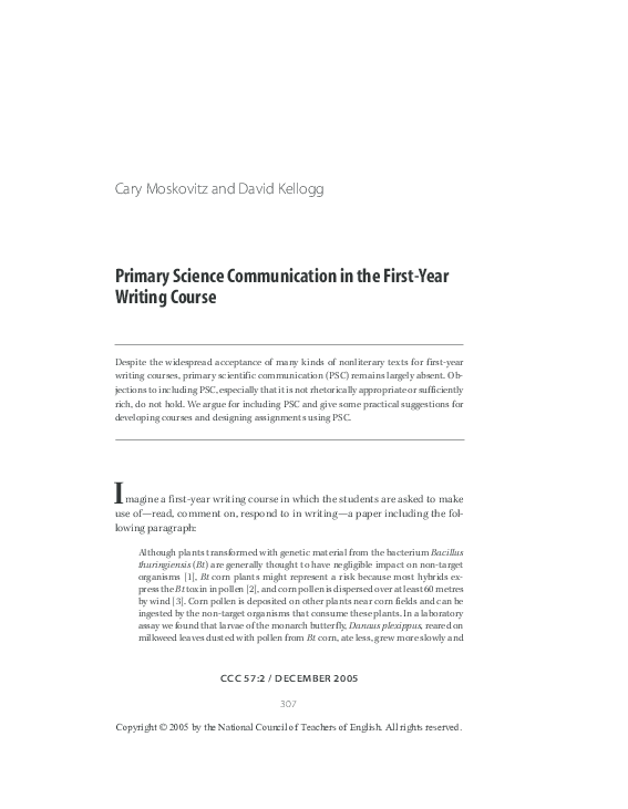 (PDF) Primary Science Communication In the First-Year Writing Course