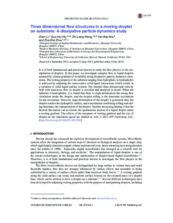 (PDF) Three dimensional flow structures in a moving droplet on ...