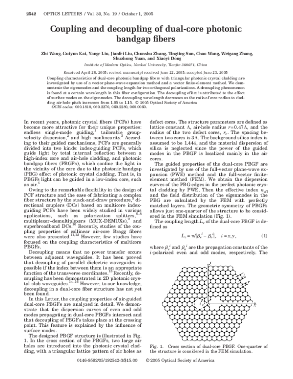 (PDF) Coupling And Decoupling Of Dual Core Photonic Bandgap Fibers