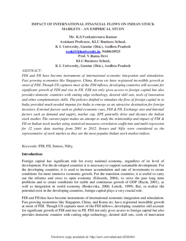 (PDF) IMPACT OF INTERNATIONAL FINANCIAL FLOWS ON INDIAN STOCK MARKETS ...