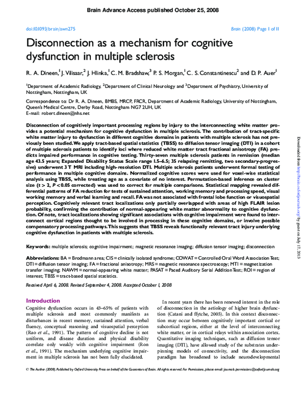 (PDF) Disconnection as a mechanism for cognitive dysfunction in ...