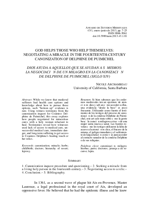 "God Helps Those Who Help Themselves: Negotiating a Miracle in Fourteenth Century Provence"