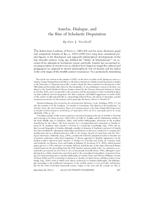 Anselm, Dialogue, and the Rise of Scholastic Disputation (Speculum 2011)