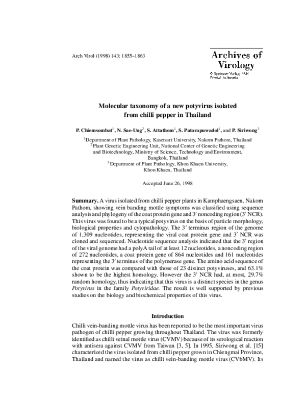 (PDF) Molecular taxonomy of a new potyvirus isolated from chilli pepper ...