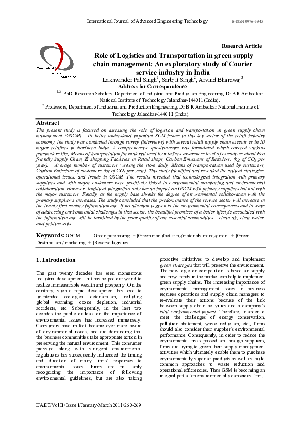 (PDF) Role of Logistics and Transportation in green supply