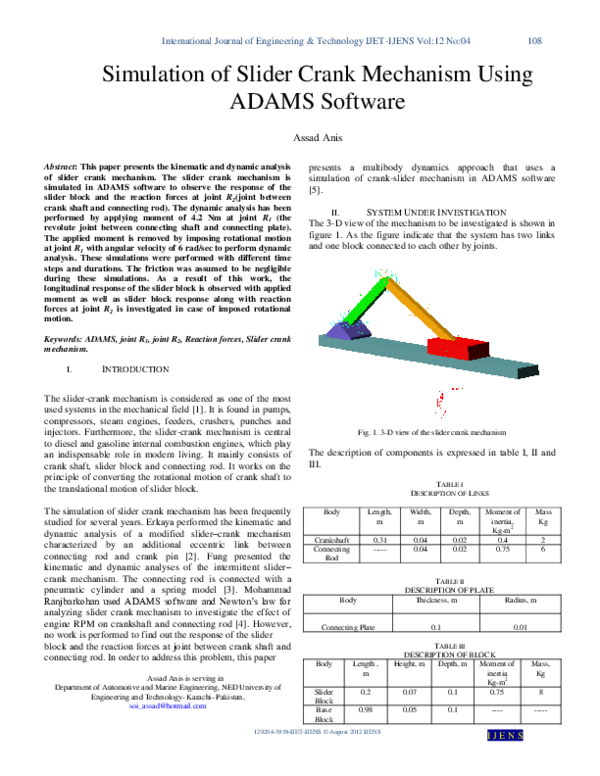 (PDF) Simulation of slider crank mechanism using adams vies