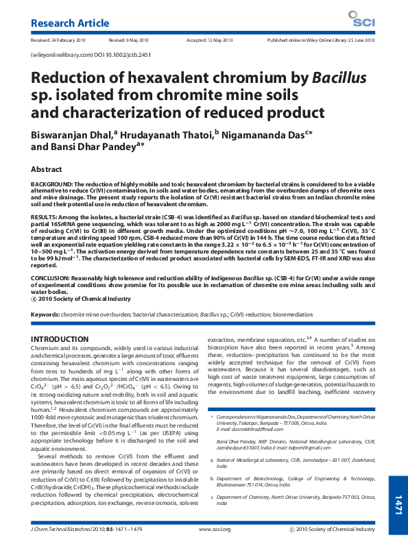 (PDF) Reduction of hexavalent chromium by Bacillus sp. isolated from ...