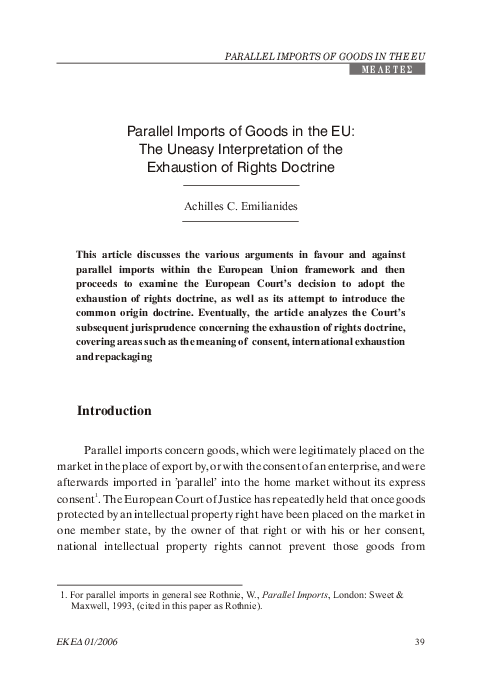 (PDF) Parallel Import of Goods in the EU
