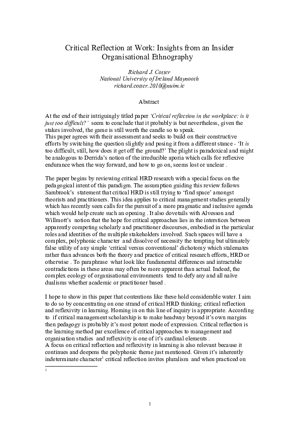 (DOC) Critical Reflection at Work: an Insider Account (Abstract of ...