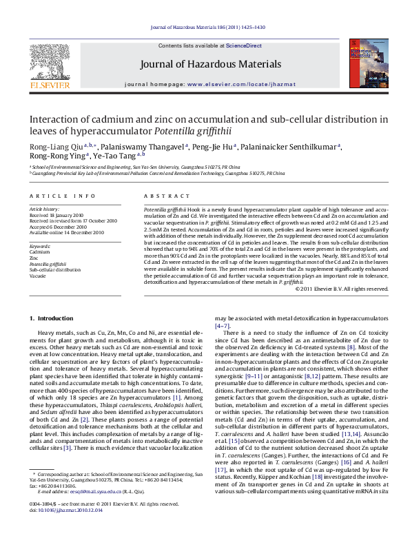 (PDF) Interaction of cadmium and zinc on accumulation and sub-cellular ...