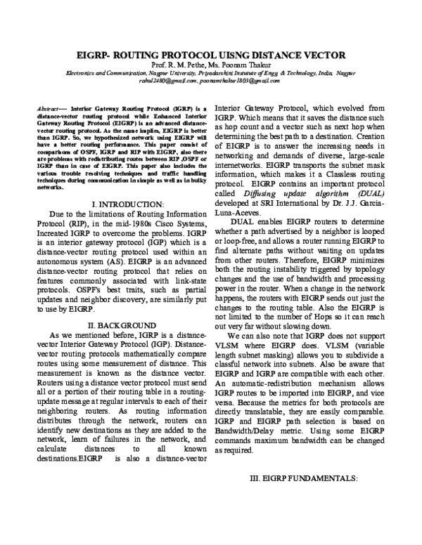 (DOC) EIGRP Routing Protocol uisng Distance vector Ram Pethe