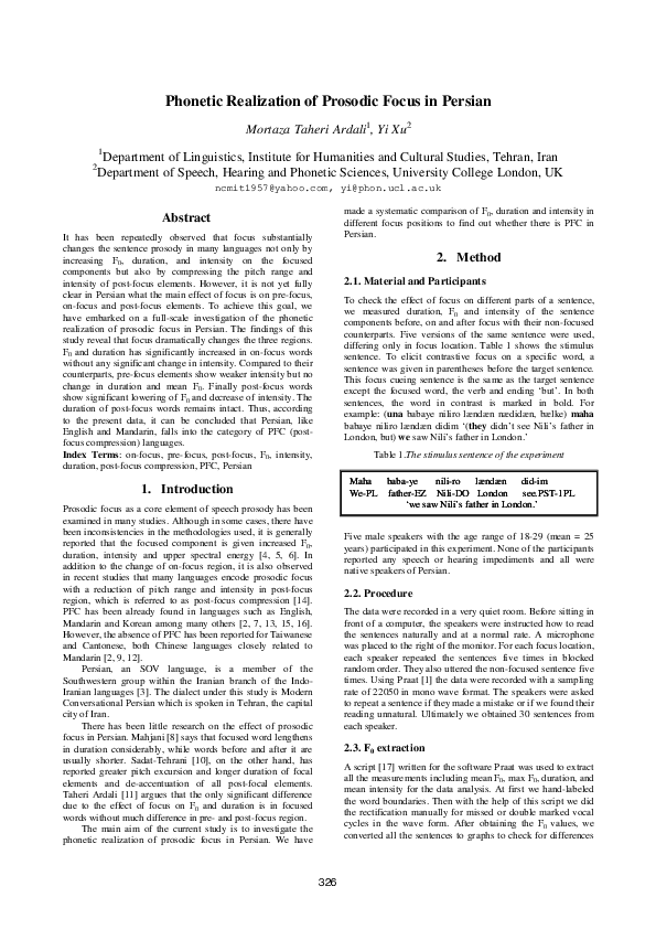 (PDF) Phonetic Realization of Prosodic Focus in Persian