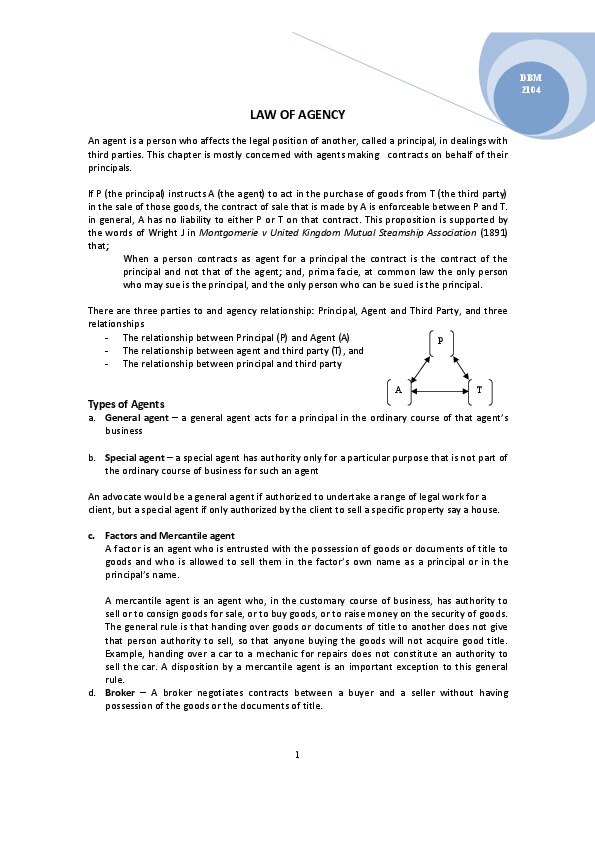 (PDF) Certain Aspects of the Law of Agency