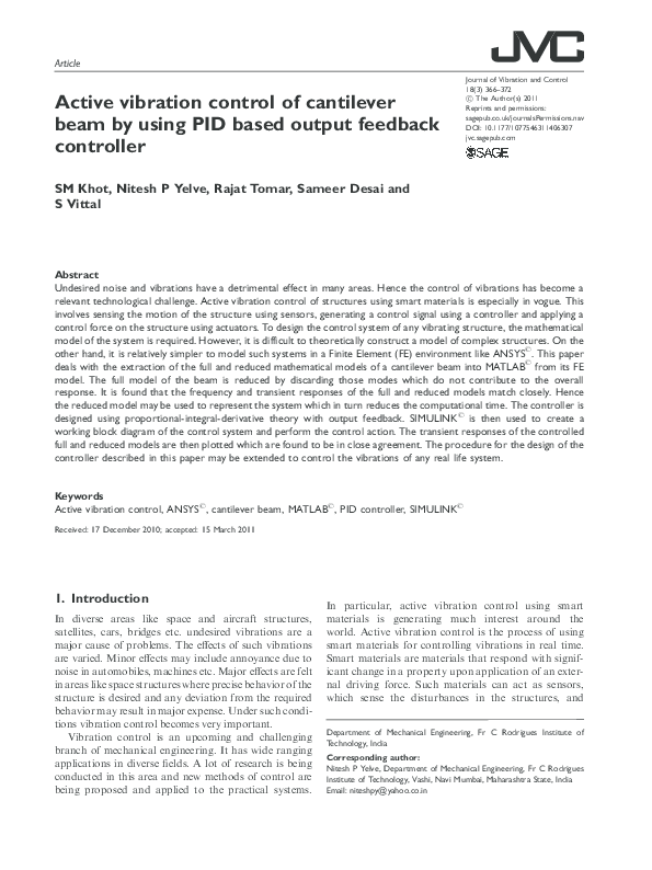 (PDF) Active vibration control of cantilever beam by using PID based ...
