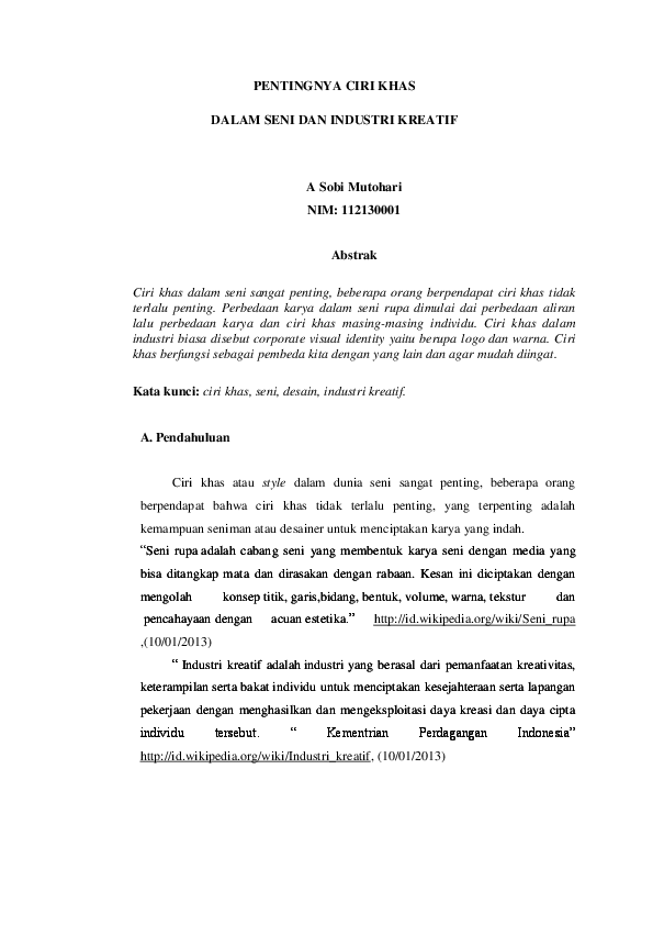 Pdf Pentingnya Ciri Khas Dalam Seni Dan Industri Kreatif Stisi
