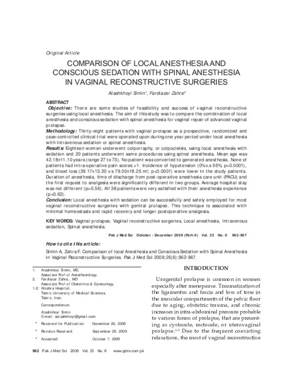 (PDF) COMPARISON OF LOCAL ANESTHESIA AND CONSCIOUS SEDATION WITH SPINAL