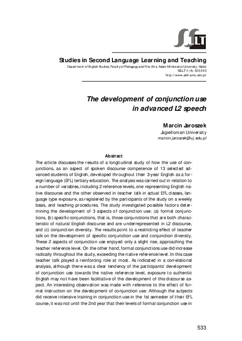 (PDF) The development of conjunction use in advanced L2 speech