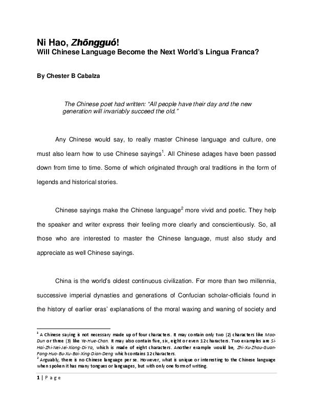 (PDF) Will Chinese Language the Next World's Lingua Franca?