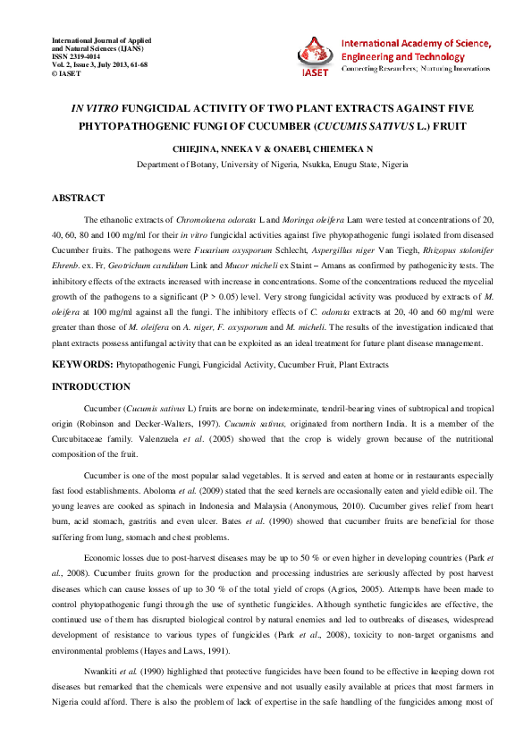 (PDF) IN VITRO FUNGICIDAL ACTIVITY OF TWO PLANT EXTRACTS AGAINST FIVE ...