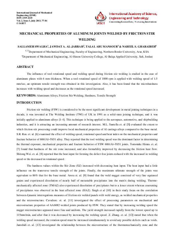 (PDF) MECHANICAL PROPERTIES OF ALUMINUM JOINTS WELDED BY FRICTION STIR ...