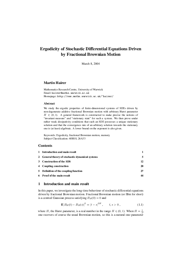 (PDF) Ergodicity of Stochastic Differential Equations Driven
