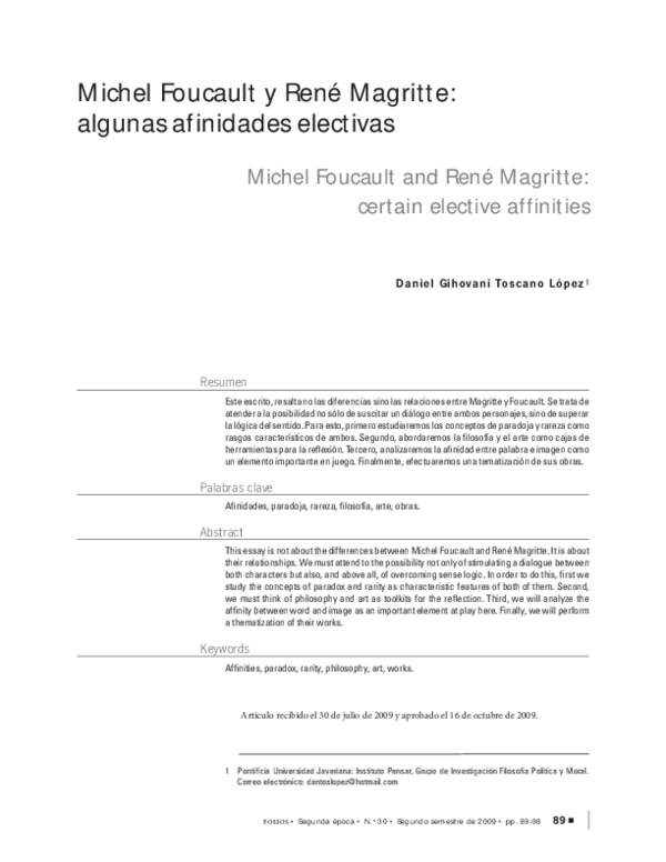 PDF) Michel Foucault y René Magritte: algunas afinidades electivas | Daniel  Toscano Lopez - Academia.edu