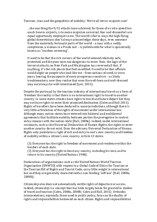 Doc Tourism Visas And The Geopolitics Of Mobility We Are All Terror Suspects Now C Michael Hall Academia Edu