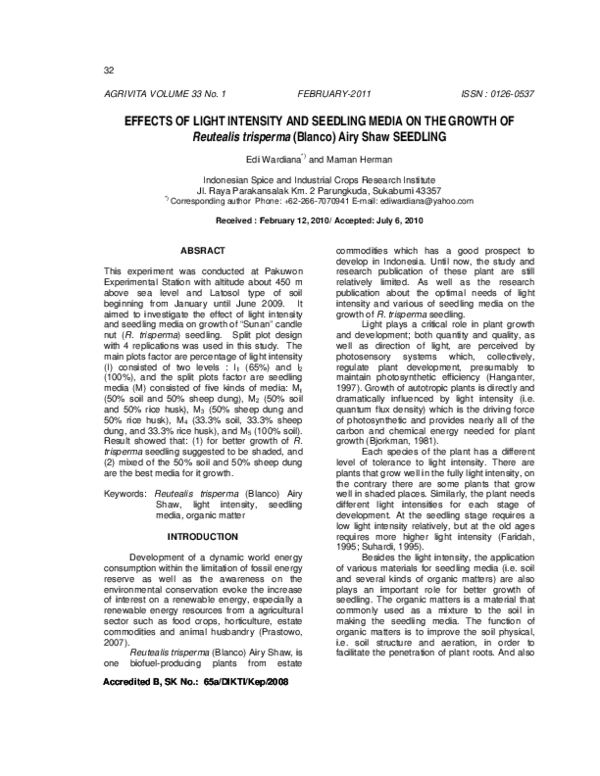 (PDF) Effects of light intensity and seedling media on the growth of ...