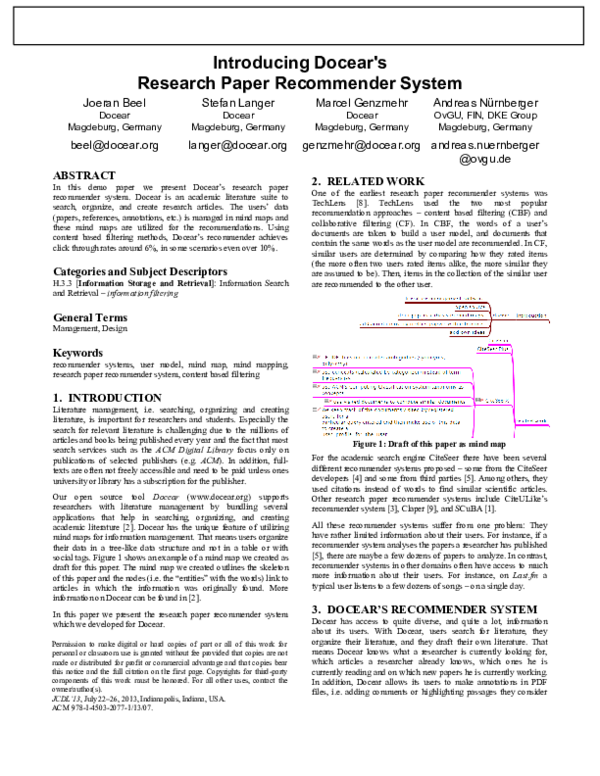 (PDF) Introducing Docear’s Research Paper Recommender System