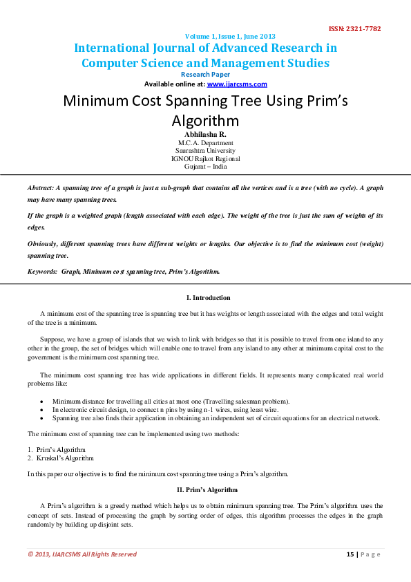 (PDF) Minimum Cost Spanning Tree Using Prim's Algorithm