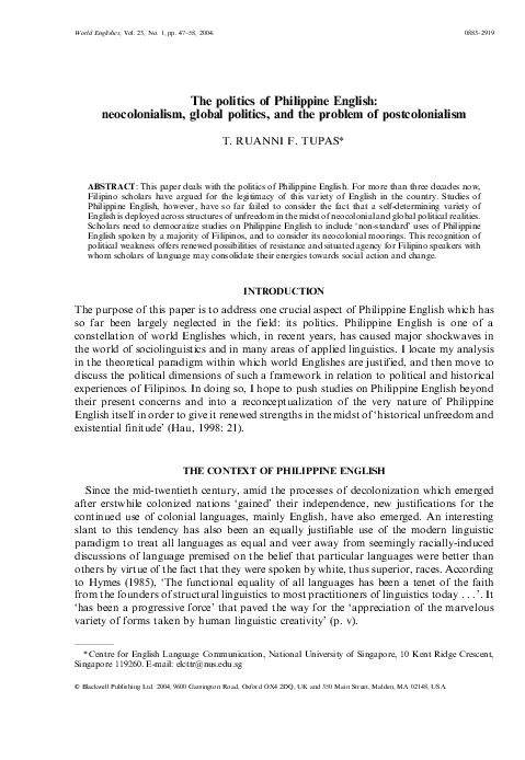 Pdf The Politics Of Philippine English Neocolonialism Global