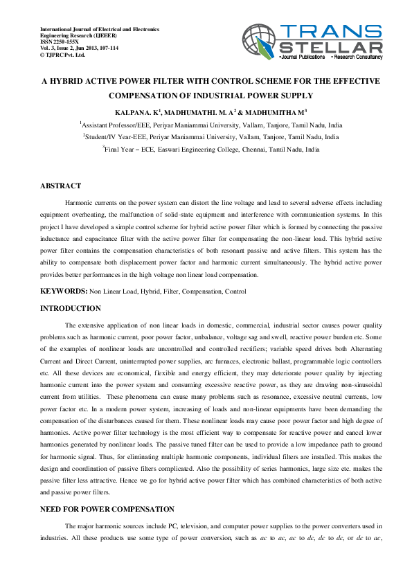 (PDF) A HYBRID ACTIVE POWER FILTER WITH CONTROL SCHEME FOR THE ...