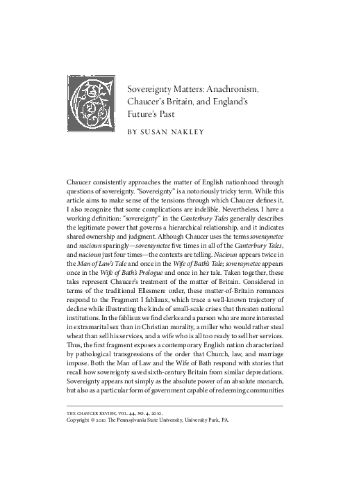 Sovereignty Matters: Anachronism, Chaucer’s Britain, and England’s Future’s Past