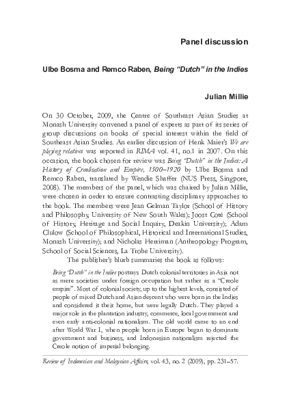 (PDF) Ulbe Bosma and Remco Raben, Being “Dutch” in the Indies