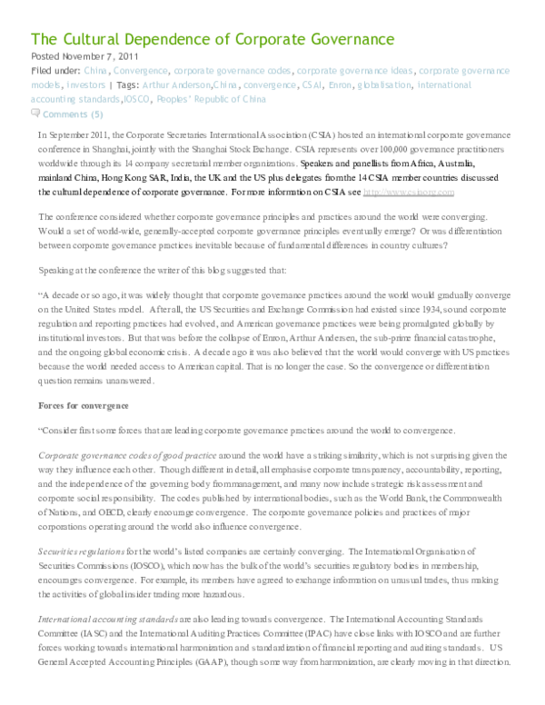 (PDF) The Cultural Dependence of Corporate Governance