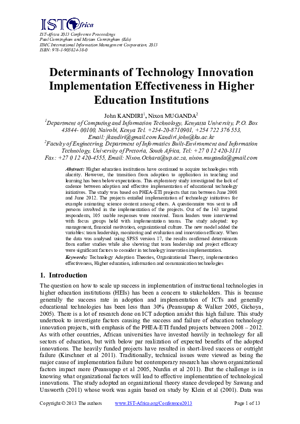 (PDF) Determinants of Technology Innovation Implementation ...