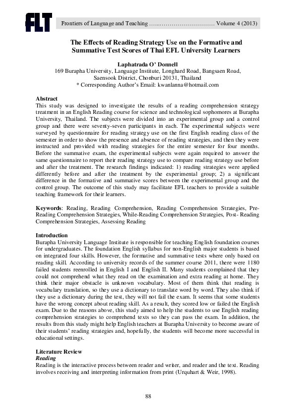 The Effects of Reading Strategy Use on the Formative and Summative Test ...