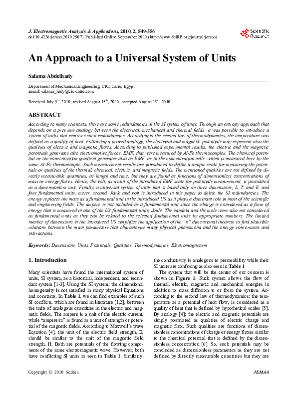 (PDF) An Approach to a Universal System of Units