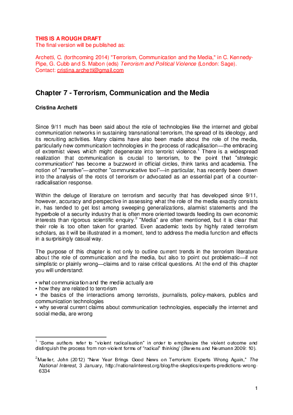 (PDF) Archetti, C. (2015) "Terrorism, Communication and the Media," in ...
