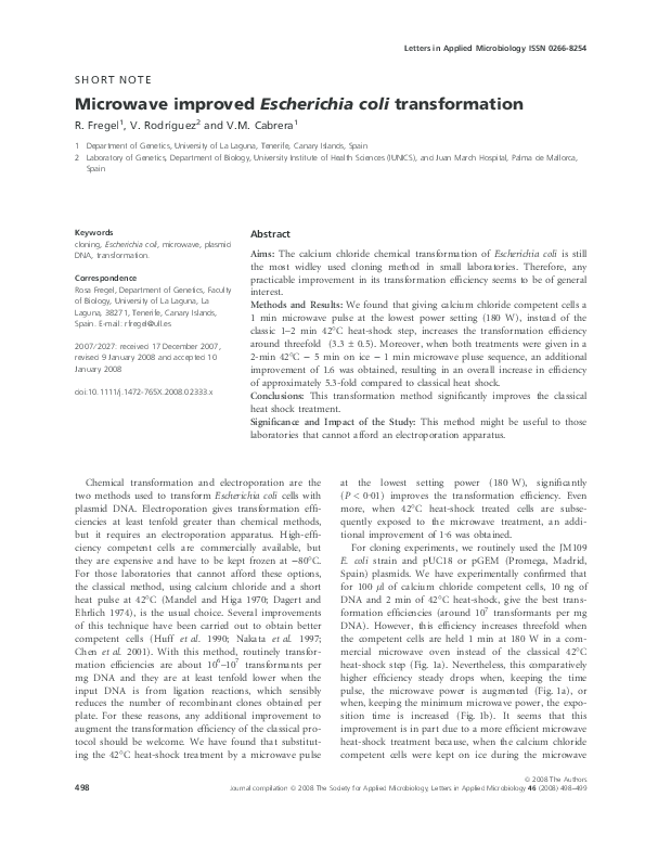 (PDF) Microwave improved Escherichia coli transformation Rosa Fregel Academia.edu