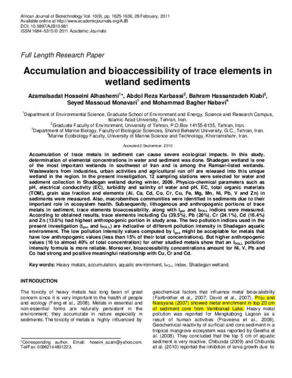 (PDF) Accumulation and bioaccessibility of trace elements in wetland ...