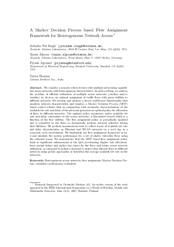 (PDF) A Markov Decision Process based flow assignment framework for ...