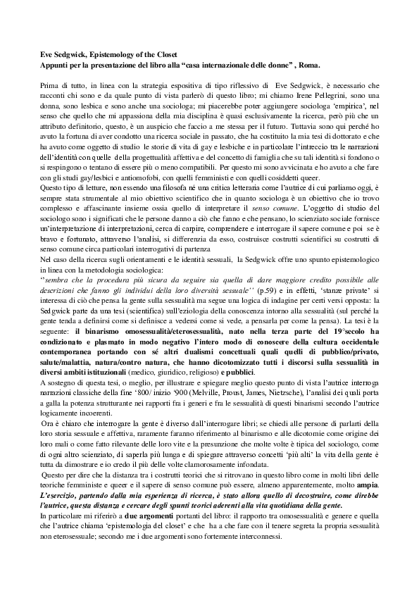 Eve Sedgwick, Epistemology of the Closet Irene Pellegrini Academia.edu