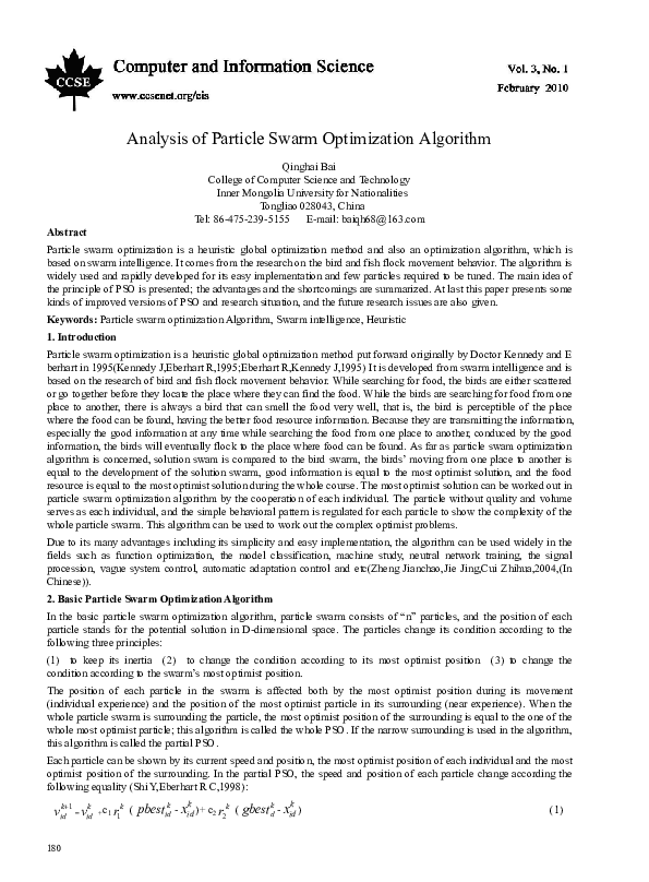 (PDF) Analysis of Particle Swarm Optimization Algorithm