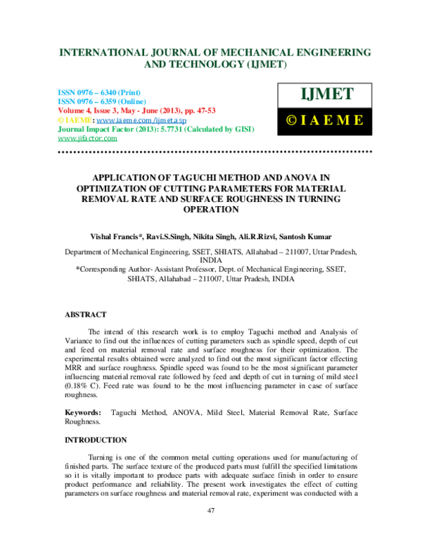 (PDF) APPLICATION OF TAGUCHI METHOD